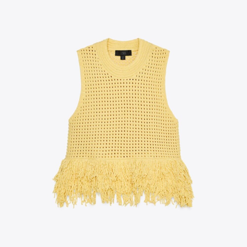 Zara NWOT Fringed Checkered Knit Top Yellow 4331/027